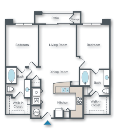 Floor plan for 2 beds, 2 baths, 1076 sqft